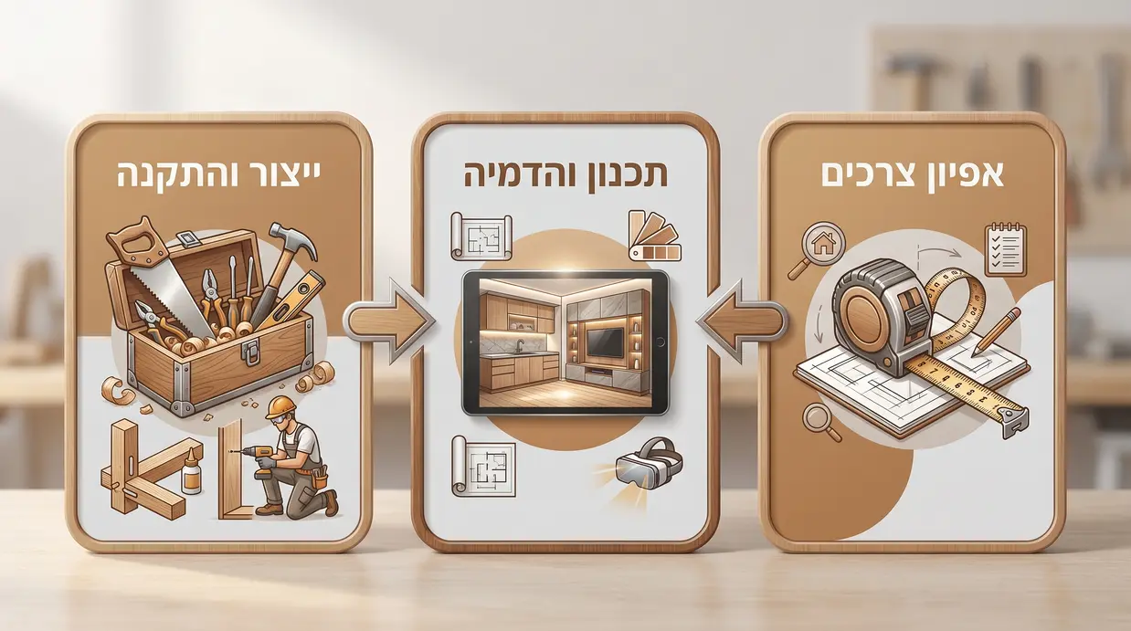אינפוגרפיקה בעברית המציגה את שלבי תהליך העבודה מול נגר בהתאמה אישית