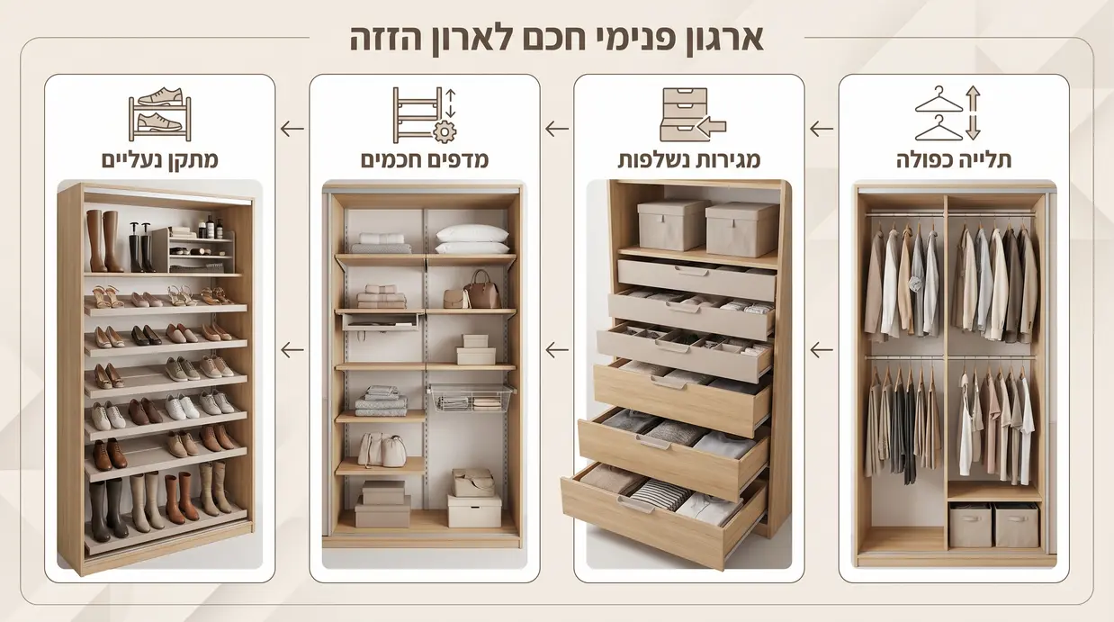 תרשים בעברית של חלוקה פנימית חכמה בארון הזזה
