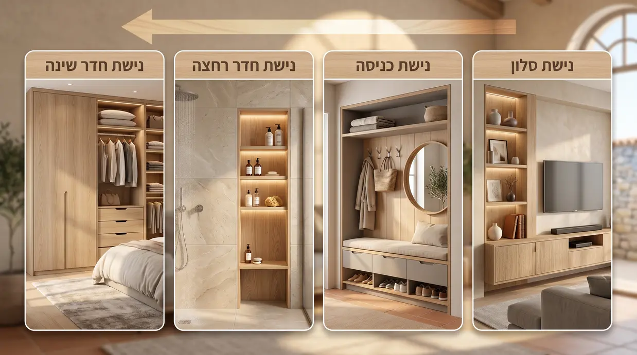 השוואה בין סוגי נגרות נישה בבית: סלון, כניסה, חדר רחצה וחדר שינה