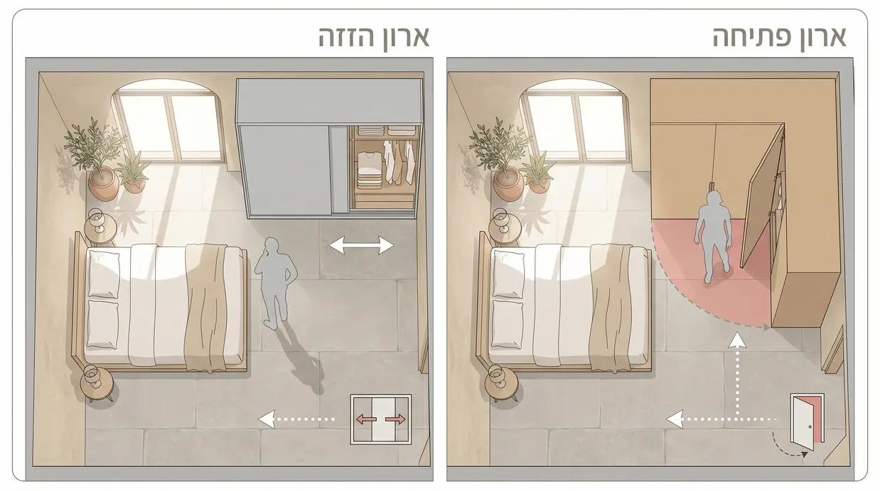 השוואה בין ארון פתיחה לארון הזזה בחדר שינה קטן