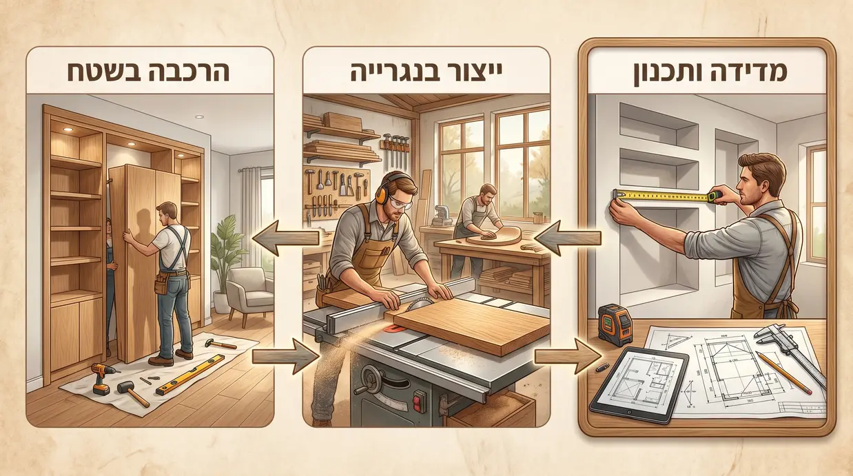 תרשים שלבי עבודה בנגרות נישה: מדידה, ייצור והרכבה