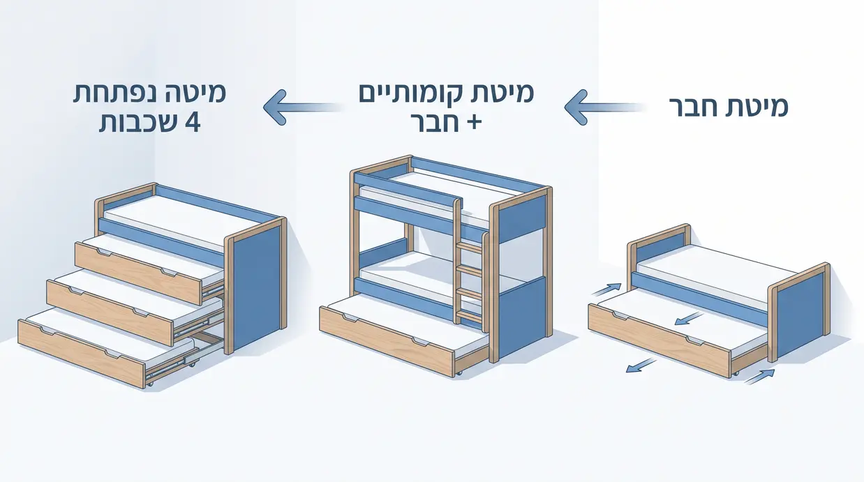 איור של שלוש אפשרויות למיטות נפתחות לילדים