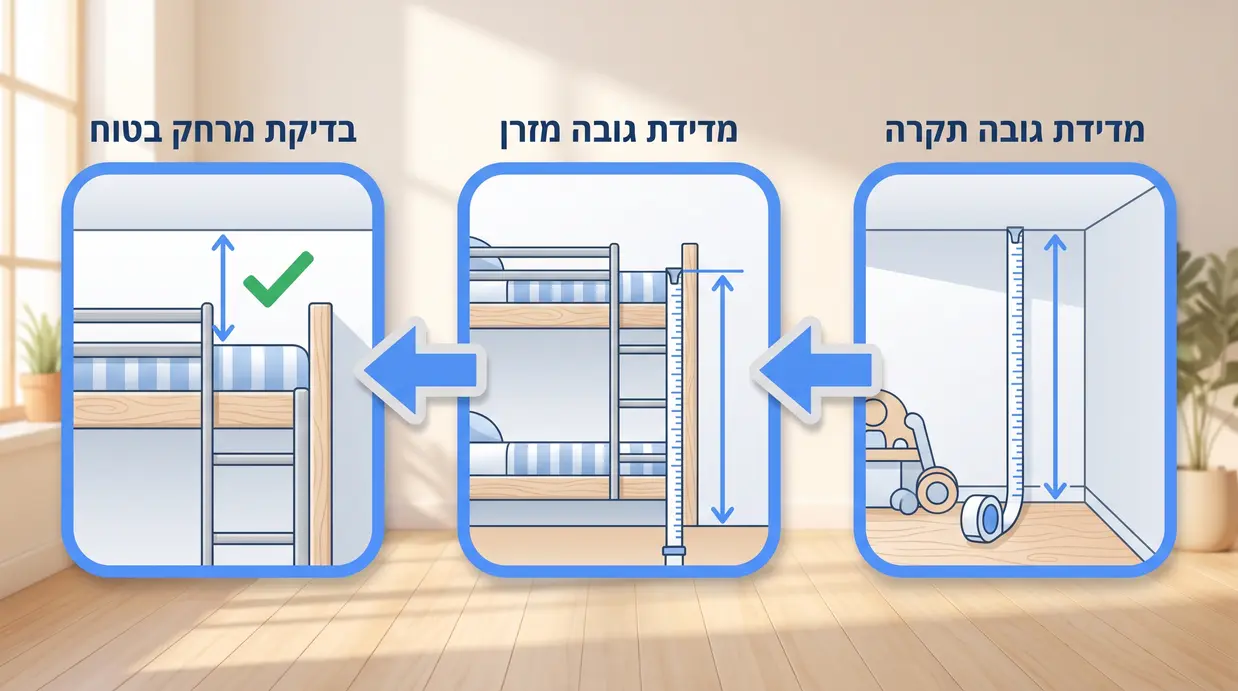 אינפוגרפיקה בעברית המציגה שלב אחר שלב איך למדוד גובה תקרה ומרחק בטוח מעל מיטת קומותיים