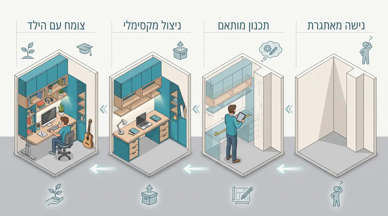 איור של פינת לימוד בנגרות אישית בתוך נישה בחדר ילדים קטן, המדגיש ניצול מקסימלי של החלל