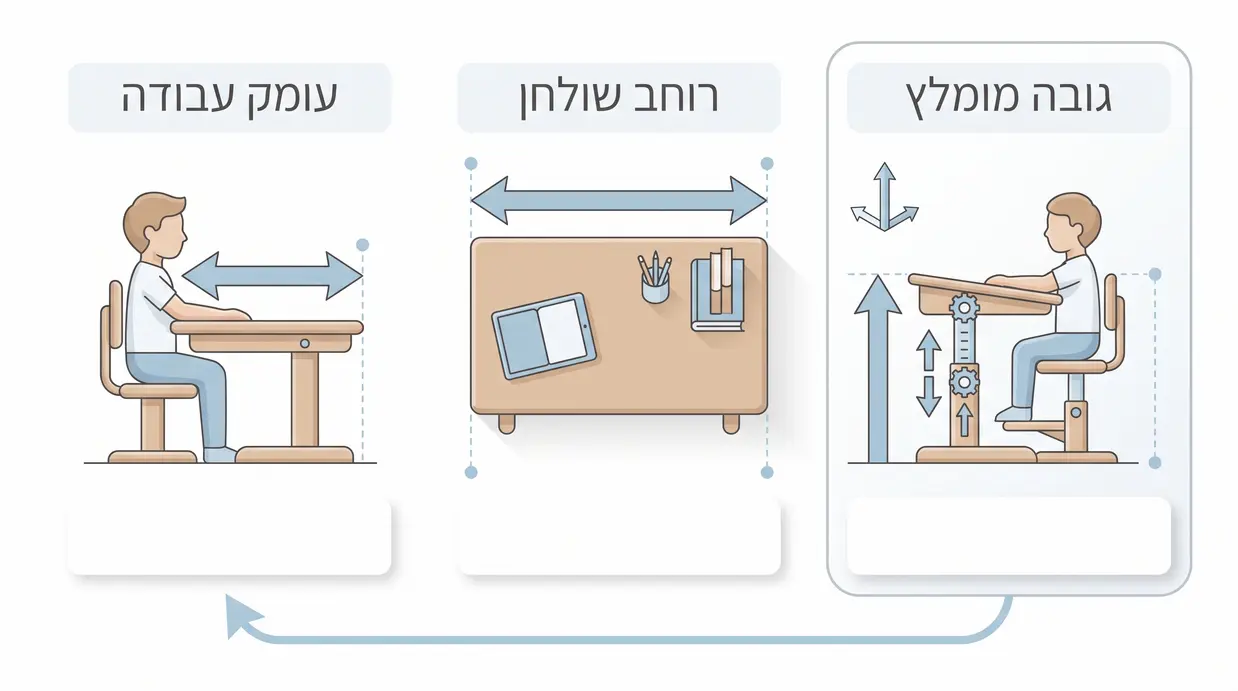 תרשים מידות מומלצות לשולחן כתיבה לילדים לפי גיל