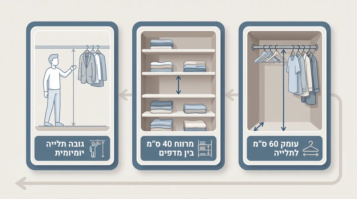 אינפוגרפיקה בעברית המציגה עומק ארון 60 ס״מ, מרווח 40 ס״מ בין מדפים וגובהי תלייה מומלצים