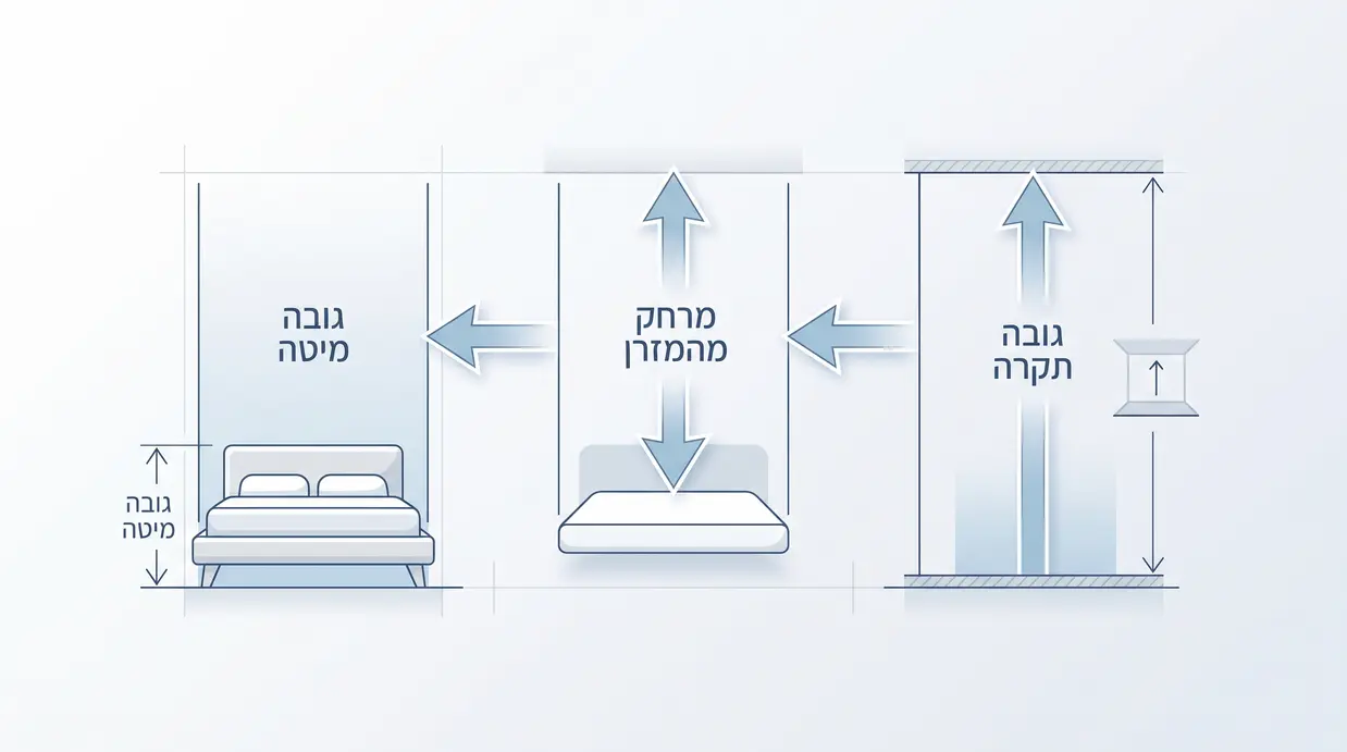 תרשים בעברית המראה את המרחק הנדרש בין המזרן העליון לתקרה