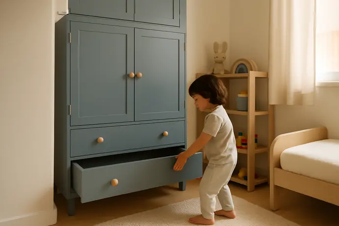 חדר ילדים עם ארון קיר מעוגן לקיר, מגירות נמוכות ומנגנון טריקה שקטה בשימוש בטוח
