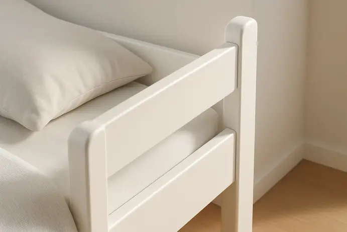 תקריב על פינת מיטה וחצי לבנה מעץ מלא או MDF איכותי המדגיש גימור חלק ובטיחותי