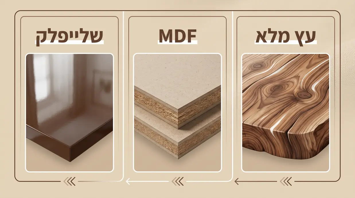 אינפוגרפיקה בעברית המשווה בין עץ מלא, MDF ושלייפלק