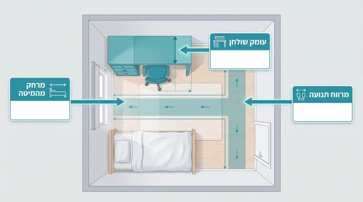 תרשים חדר ילדים קטן עם שולחן כתיבה ומיטה, המדגיש עומק שולחן ומרווח תנועה מומלץ
