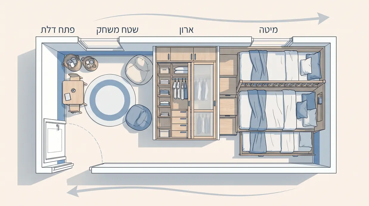 תרשים עילי של חדר ילדים קטן עם ארבע מיטות ושטח משחק