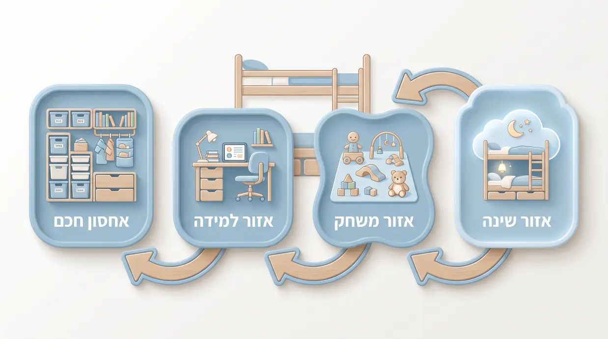 תרשים בעברית המציג חלוקה חכמה של חדר ילדים סביב מיטת קומותיים