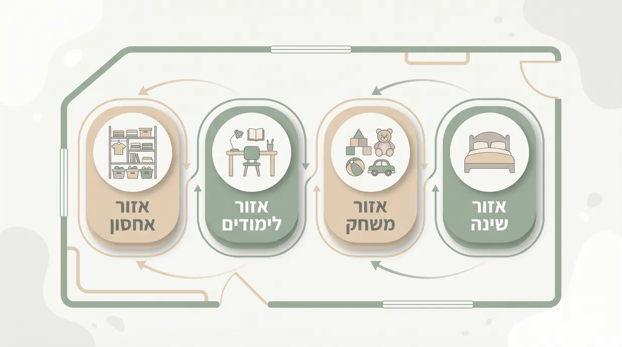 תרשים חלוקת חדר ילדים לאזור שינה, משחק, לימודים ואחסון