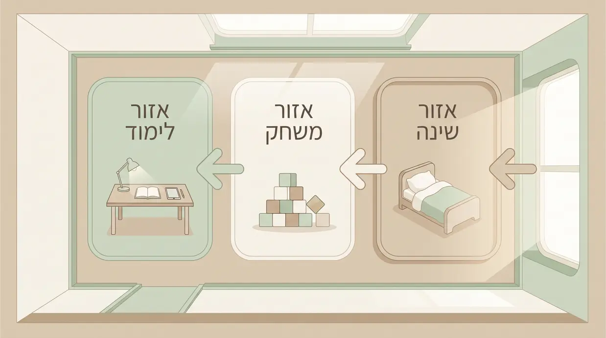 תרשים בעברית המציג חלוקה לאזורי שינה, משחק ולימוד בחדר ילדים קטן