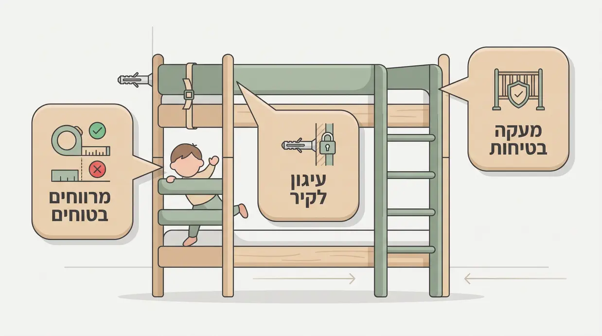 אינפוגרפיקה הממחישה מעקה בטיחות, עיגון לקיר ומרווחים בטוחים במיטת קומותיים