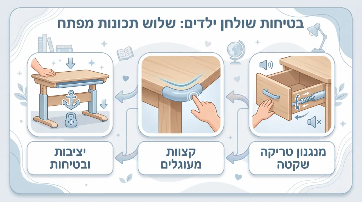 איור בטיחות לשולחן כתיבה לילדים עם מנגנון טריקה שקטה וקצוות מעוגלים