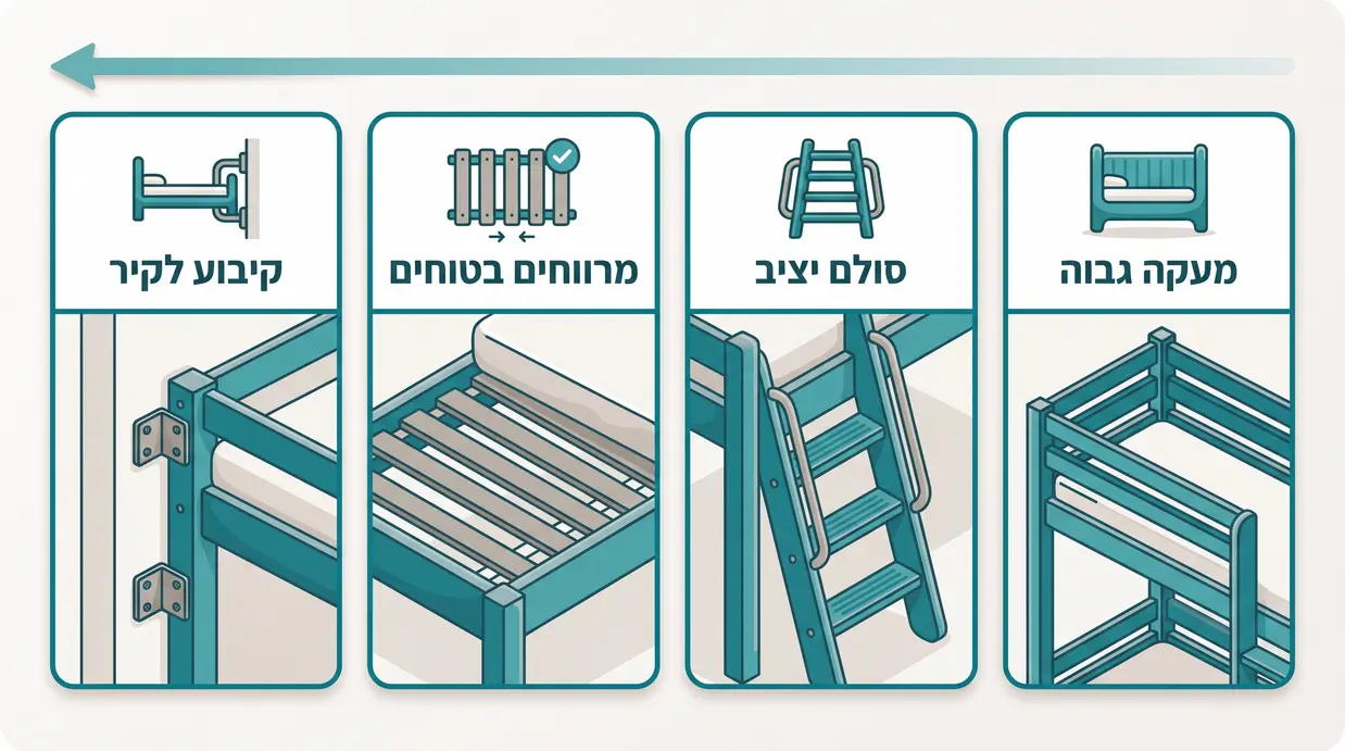 אינפוגרפיקה בעברית המדגישה מעקה גבוה, סולם יציב, מרווחים בטוחים וקיבוע לקיר במיטת קומותיים