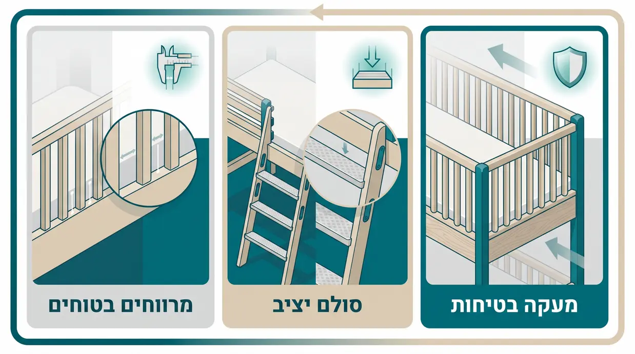 אינפוגרפיקה בעברית המדגישה מעקה בטיחות, סולם יציב ומרווחים בטוחים במיטת קומותיים