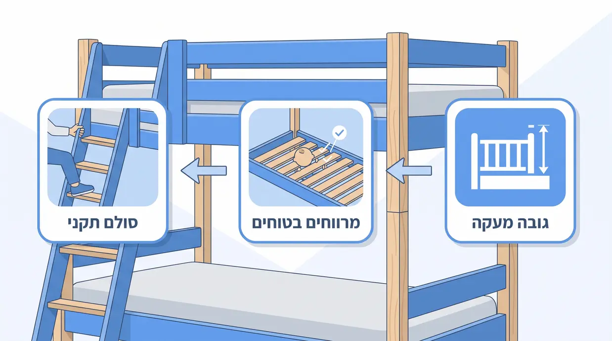 אינפוגרפיקה בעברית המדגימה גובה מעקה, מרווחים בטוחים וסולם תקני במיטת קומותיים