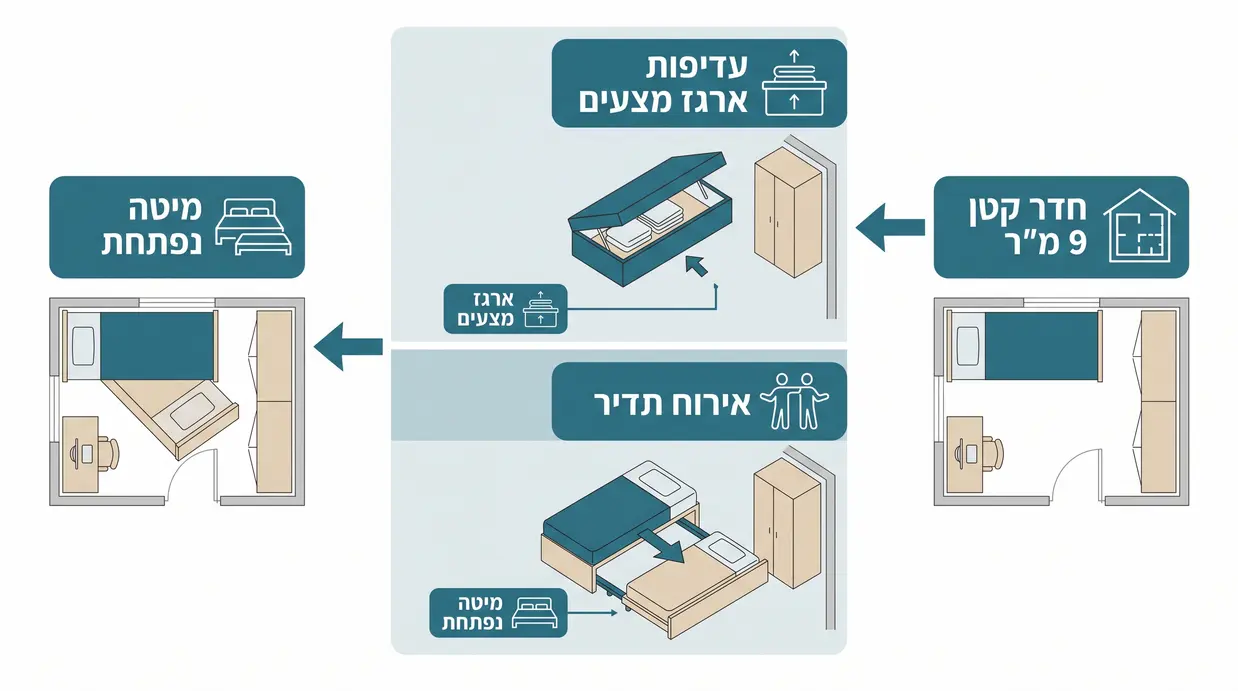 תרשים חדר ילדים קטן עם מיטה, ארון ושולחן והדגשה של בחירה בין מיטה נפתחת לארגז מצעים