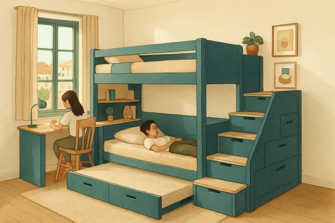 מיטת קומותיים נפתחת עם מדרגות שהן מגירות אחסון ושולחן כתיבה משולב בחדר ילדים קטן