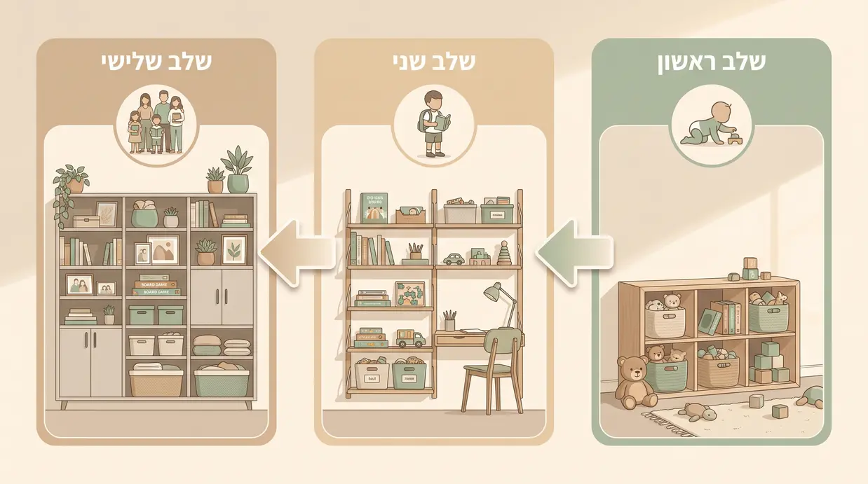 איור שלבים לתכנון כוננית לפי גיל הילד