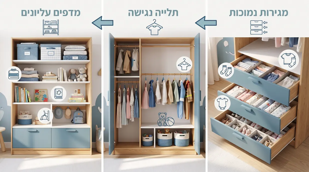 פנים ארון ילדים פתוח עם חלוקה חכמה