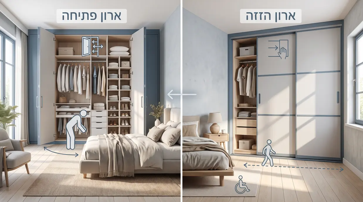 השוואה ויזואלית בין ארון קיר הזזה בחדר צר לבין ארון פתיחה בחדר מרווח