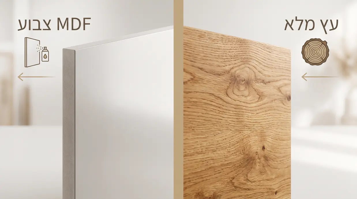 השוואה ויזואלית בין טקסטורת עץ מלא למשטח MDF חלק