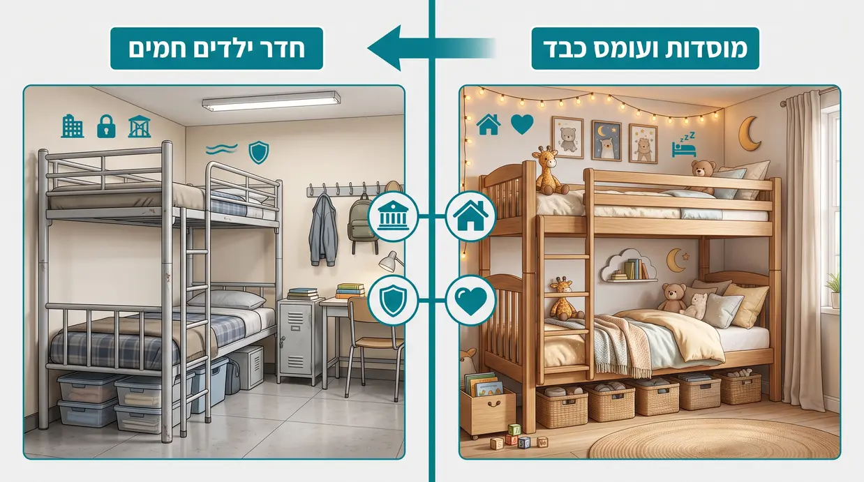 אינפוגרפיקה משווה בין מיטת קומותיים מעץ מלא לחדר ילדים לבין מיטת קומותיים ממתכת למוסדות