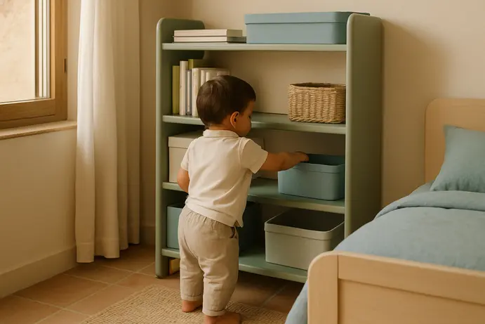 ילד קטן ניגש לקופסת צעצועים במדף תחתון של כוננית בחדר ילדים מסודר