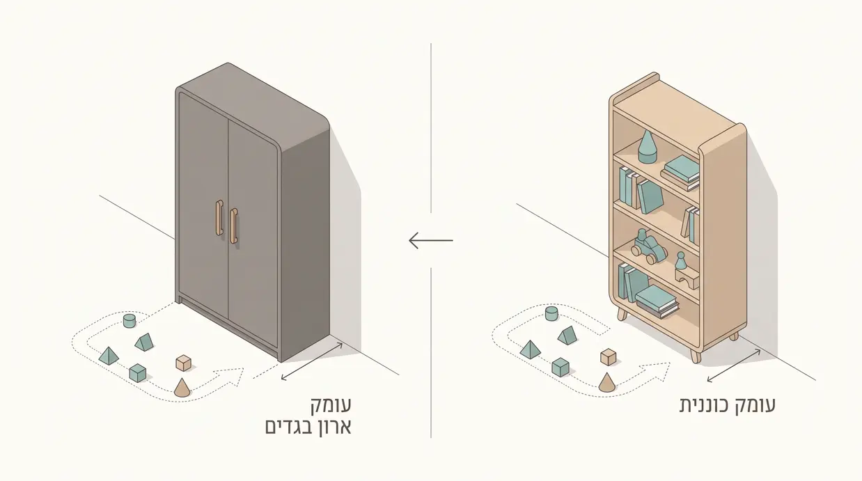 השוואה ויזואלית בין עומק כוננית צרה לבין עומק ארון בגדים עמוק בחדר ילדים קטן