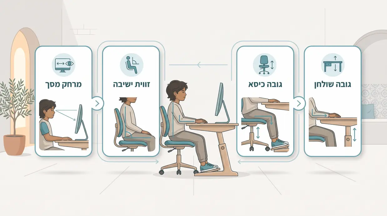 איור ארגונומי של ילד יושב נכון מול שולחן כתיבה עם סימון גובה שולחן, גובה כיסא, זווית ישיבה ומרחק מסך