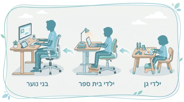 אינפוגרפיקה בעברית של גבהי שולחן וכיסא מומלצים לילדי גן, בית ספר ובני נוער