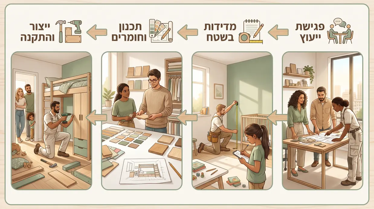 אינפוגרפיקה של תהליך עבודה מול נגרייה מחלוקה לפגישת ייעוץ ועד ייצור והתקנה