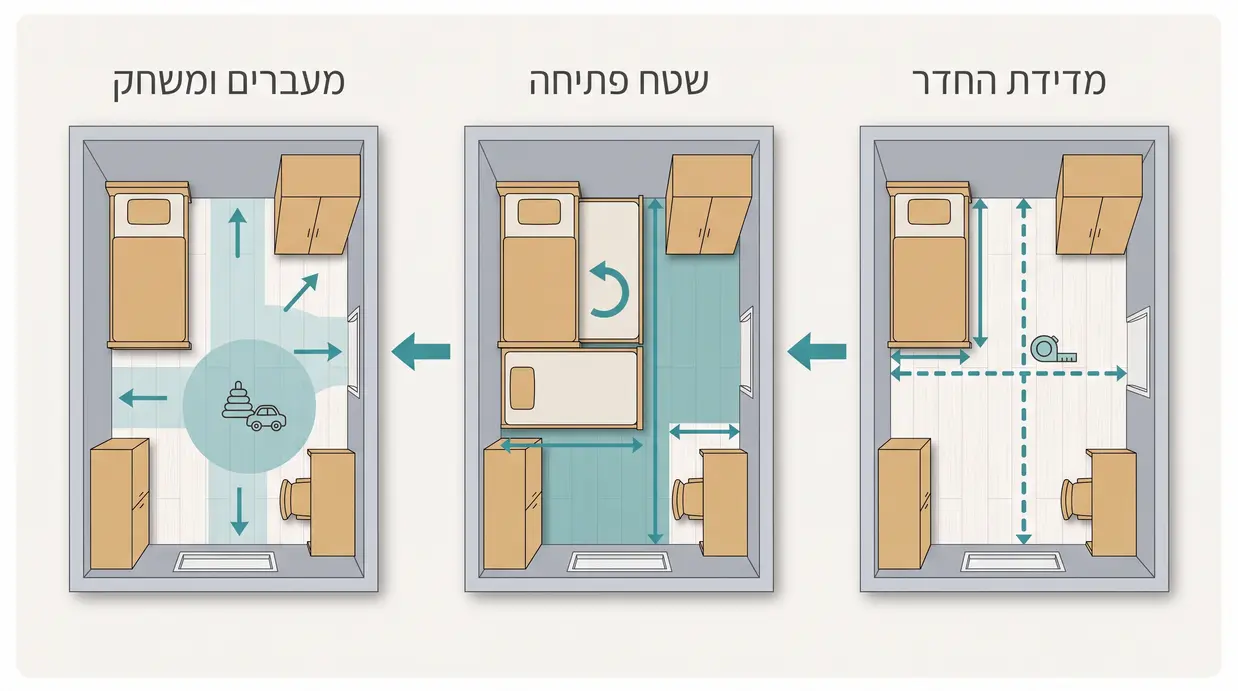 תרשים מדידה של חדר ילדים עם סימון מידות למיטת חבר נפתחת, שטח פתיחה ומעבר