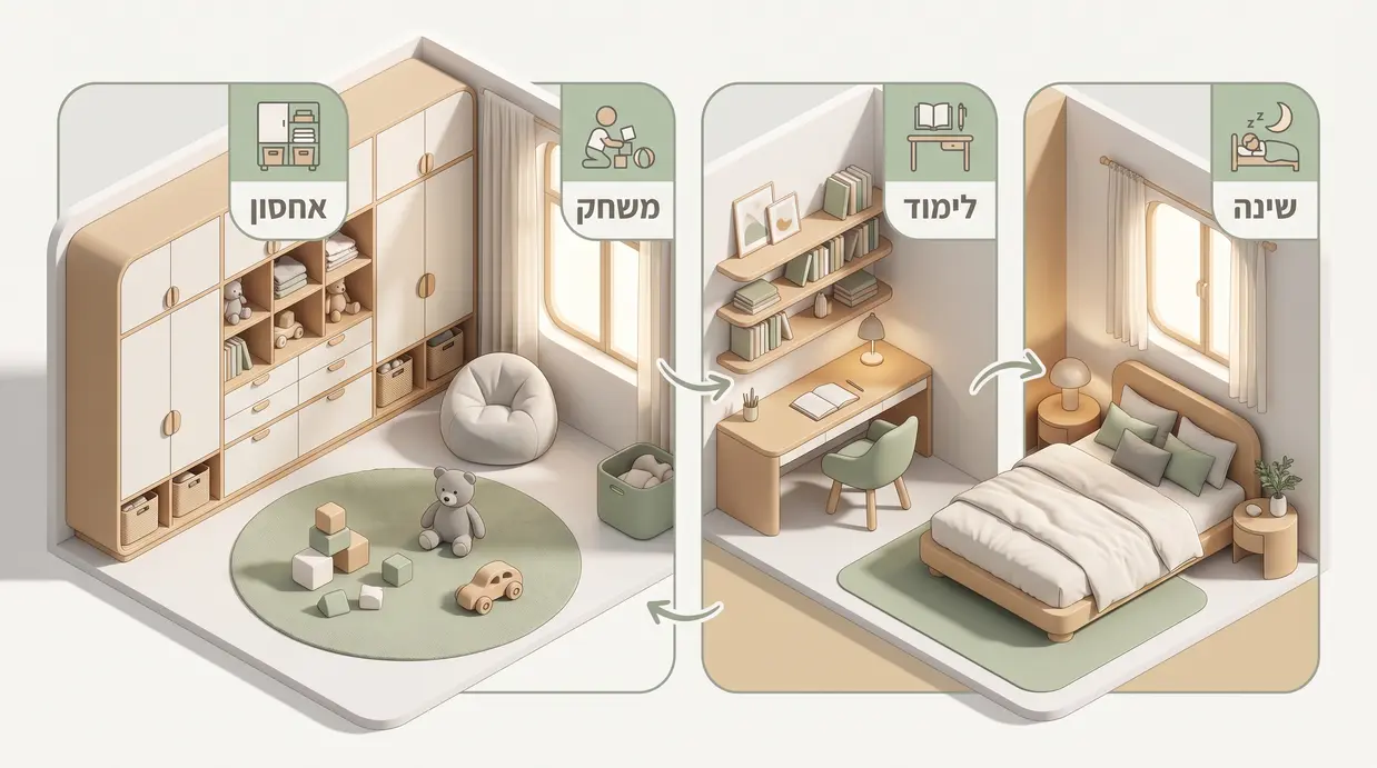 אינפוגרפיקה ויזואלית של חדר ילדים המחולק לאזורי שינה, לימוד, משחק ואחסון