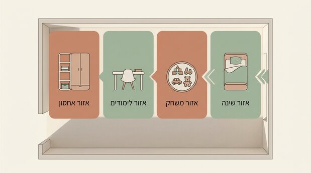 אינפוגרפיקה בעברית הממחישה חלוקה לאזורי שינה, משחק, לימודים ואחסון בחדר ילדים קטן