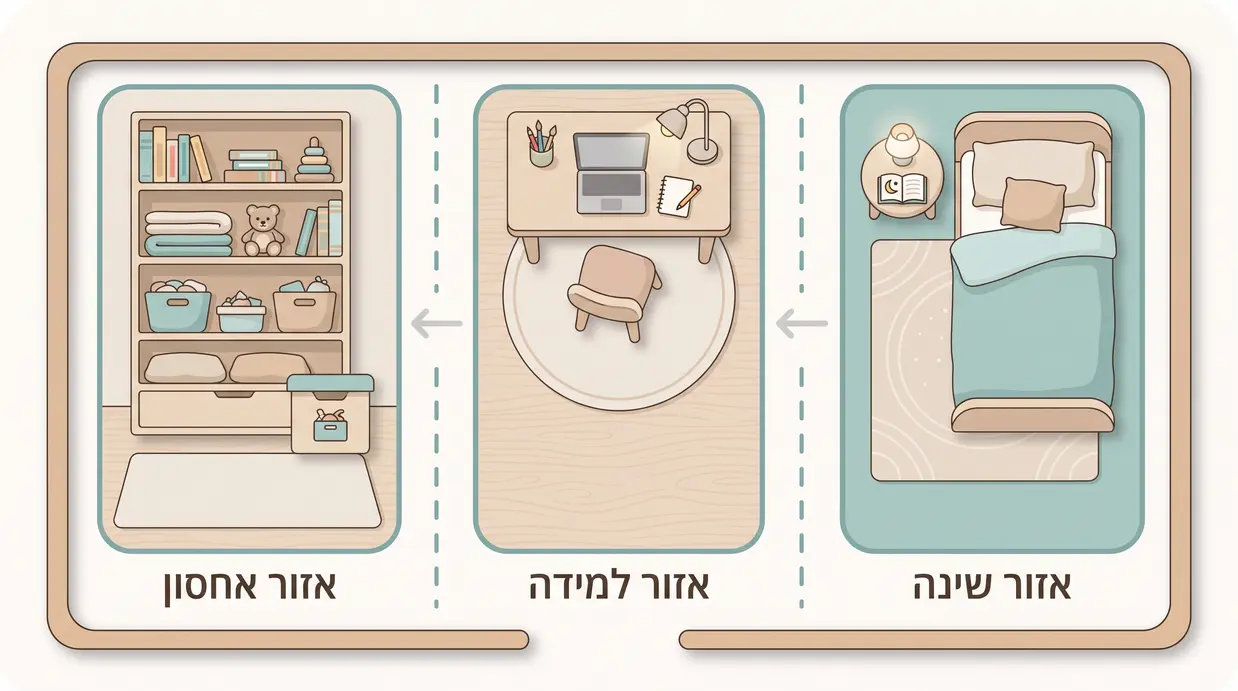 תרשים של חדר ילדים קטן מחולק לאזור שינה, אזור למידה ואזור אחסון עם כוננית ממוקמת נכון