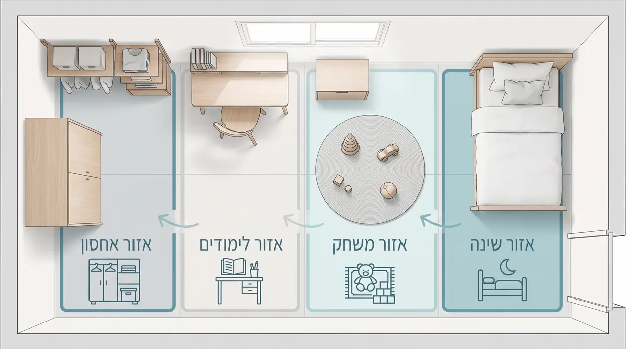 תרשים חלוקת חדר ילדים קטן לאזור שינה, משחק, לימודים ואחסון בחדר של 9 מ