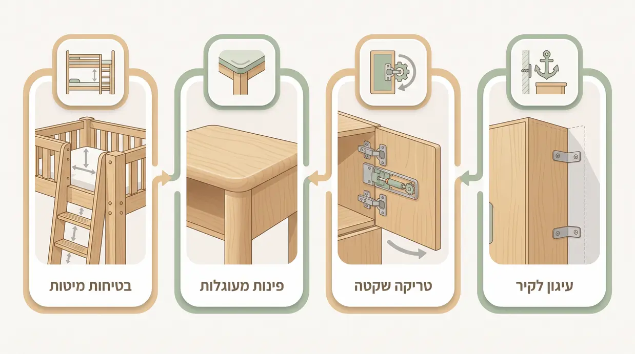 אינפוגרפיקה המציגה עיגון לקיר, טריקה שקטה, פינות מעוגלות ובטיחות במיטות קומותיים