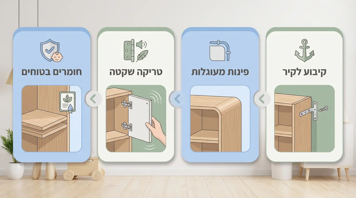אינפוגרפיקה בעברית המציגה צ'ק-ליסט בטיחות לכוננית בחדר ילדים