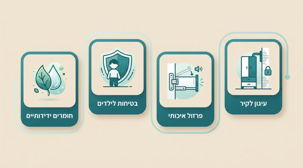 אינפוגרפיקה בעברית המציגה דגשי בטיחות ברהיטי ילדים כמו עיגון לקיר ופרזול איכותי