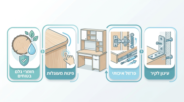 אינפוגרפיקה בעברית המדגישה עיגון לקיר, פרזול איכותי, פינות מעוגלות וחומרי גלם בטוחים ברהיטי ילדים