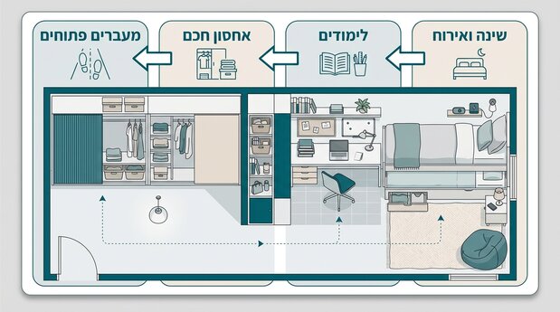 אינפוגרפיקה של חדר נוער קטן עם חלוקה לאזורי שינה, לימודים, אחסון ומעברי תנועה