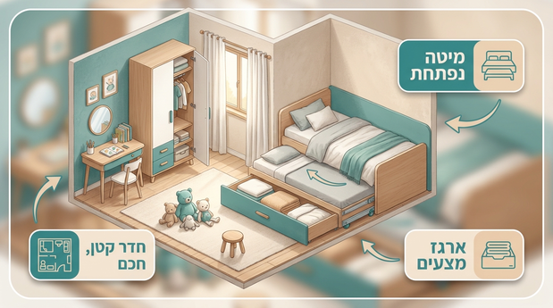חדר ילדים קטן ומאורגן עם מיטת חבר נפתחת וארגז מצעים נשלף לחיסכון במקום