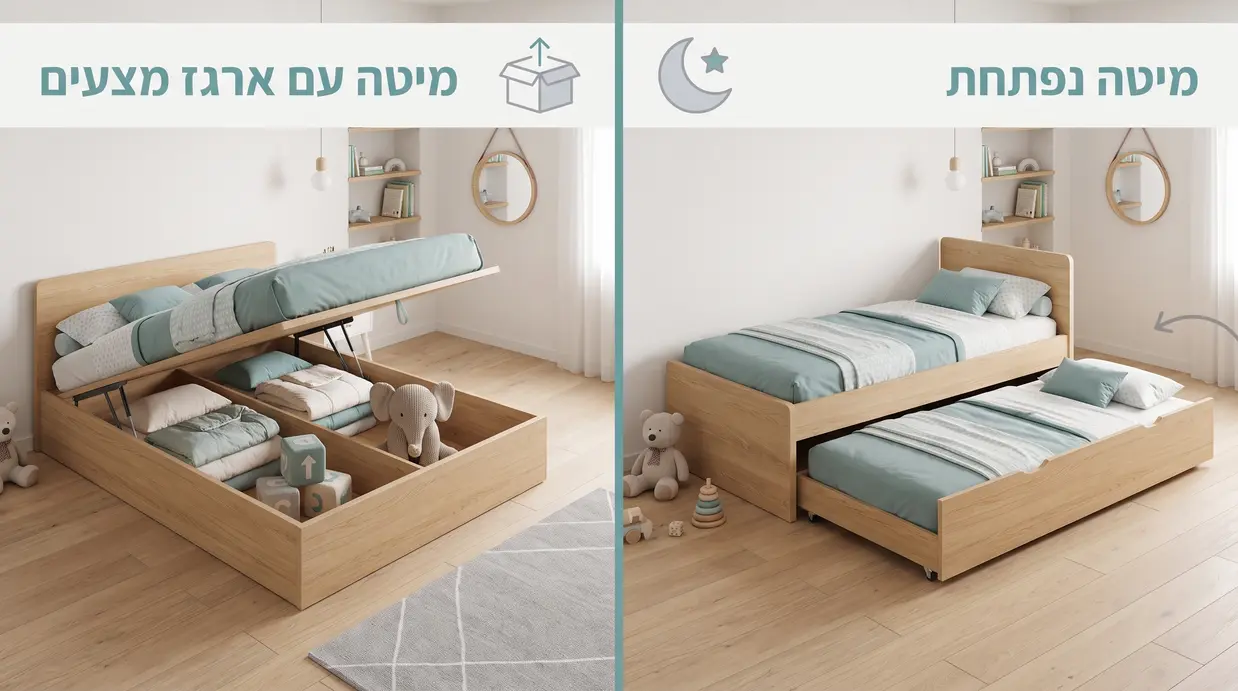 השוואה ויזואלית בין מיטת חבר נפתחת לבין מיטה עם ארגז מצעים פתוח בחדר ילדים