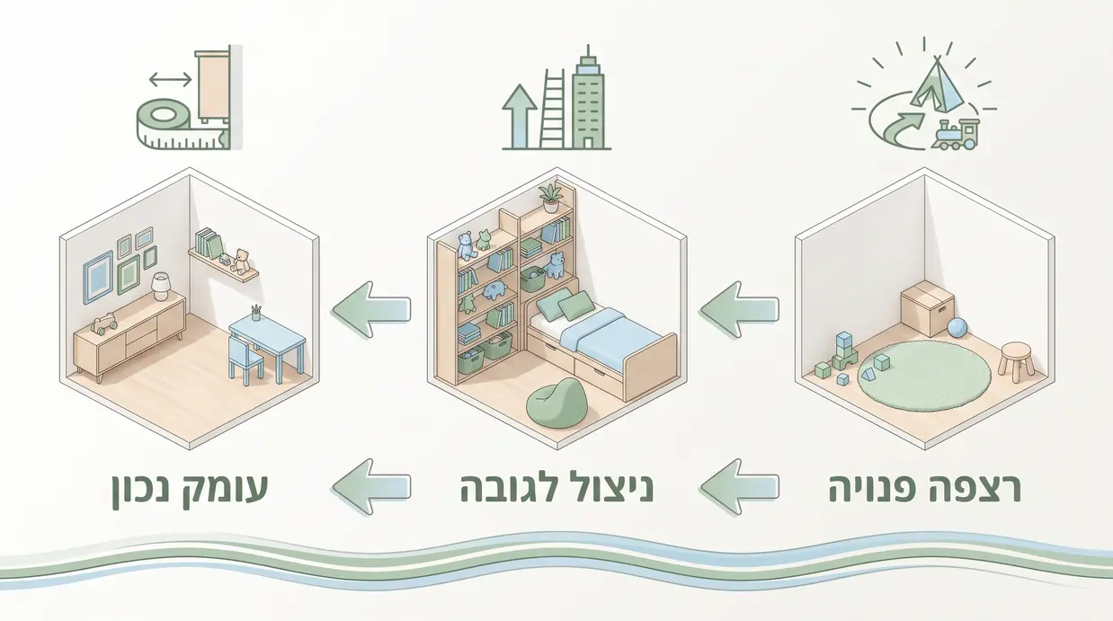 אינפוגרפיקה הממחישה ניצול חכם של גובה ועומק בחדר ילדים קטן