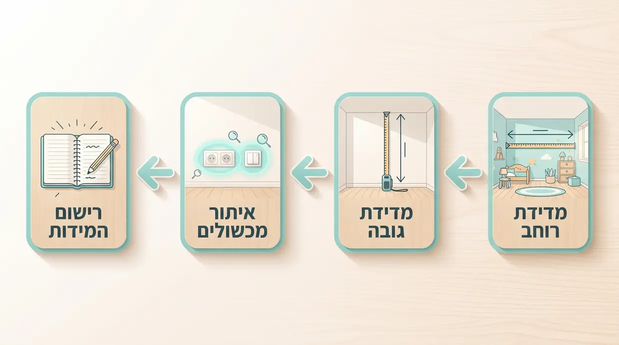 אינפוגרפיקה המדגימה שלבים למדידת קיר לכוננית: רוחב, גובה, איתור מכשולים ורישום מידות